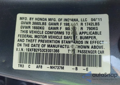2012 Honda Civic Lx from USA, damaged, VIN 19XFB2F53CE001366